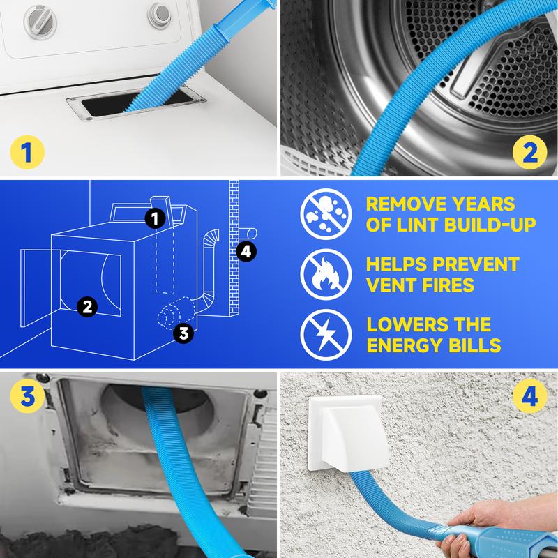 Two-piece dryer vent cleaning kit: Includes a lint brush and a vacuum hose.